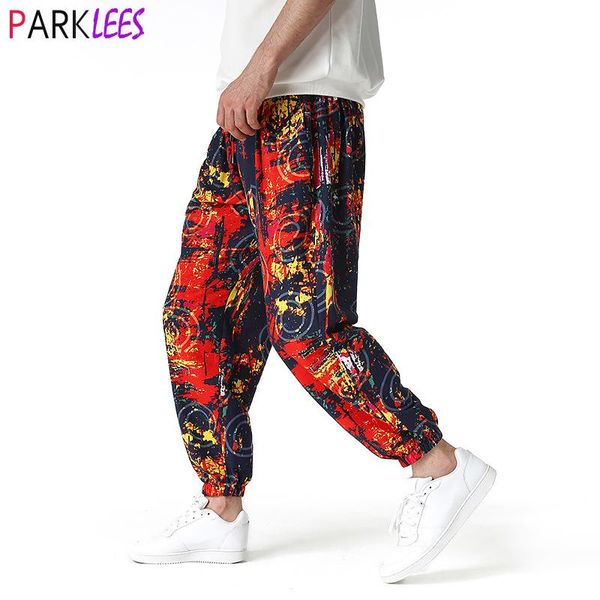

pants splash ink fashion print cotton linen joggers pants men casual hip hop harem trousers mens hippie streetwear sport sweatpants, Black