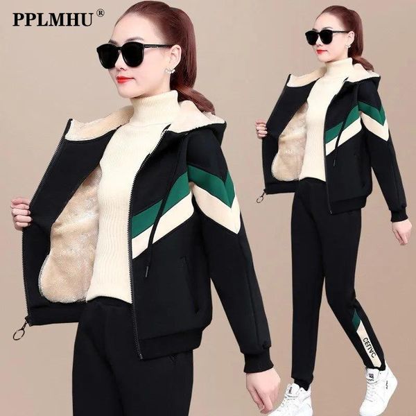

pants fall winter thick warm fleece lined tracksuit 2 piece set women outfits korean hooded zipper sweatshirt jacket casual pants suit, White