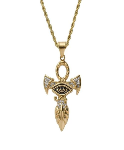 

hip hop horus eye pendant necklaces for men women luxury ankh cross pendant stainless steel gold hrus egyptian style necklace jewe1898199, Silver