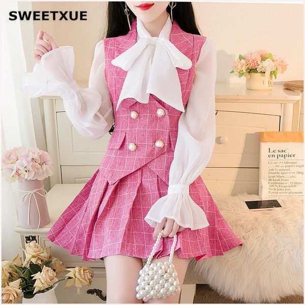 

dress sweetxue lady autumn fashion temperament double breasted vest + lovely bow shirt + pleated skirt threepiece set female suit, White