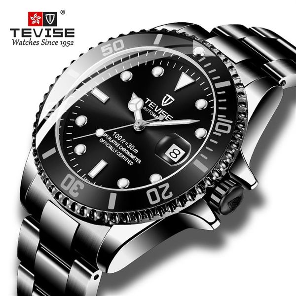

tevise fashion brand men mechanical watch all black stailness steel automatic watch fashion men luminous hand business clock176s, Slivery;brown