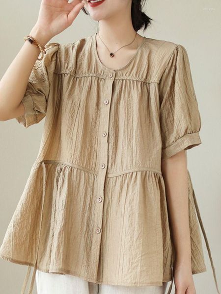 

women's blouses woman solid vintage short sleeves loose elegant comfortable single breasted shirt o-neck button oversize temperament, White