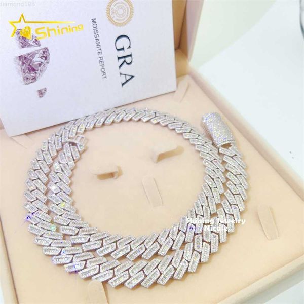 

fine jewelry bling 925 silver 15mm hip hop miami iced out vvs moissanite baguette cuban link chain