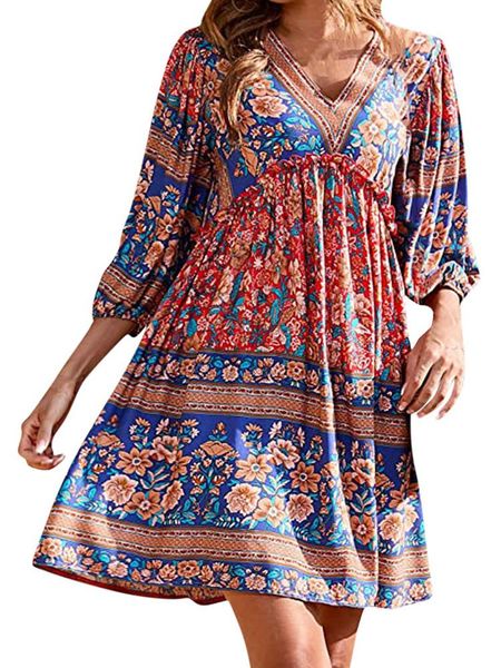 

dresses vintage ethnic print women's dress v neck large swing 3/4 puff sleeve mini dress 2022 fall casual loose boho party dress, Black;gray
