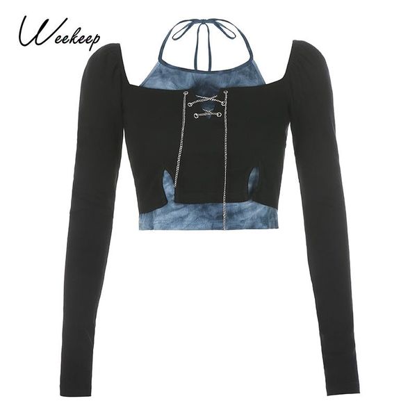 

t-shirt weekeep tie dye fashion gothic chains tshirt patchwork halter crop for women autumn long sleeve tee shirt ladies streetwear, White