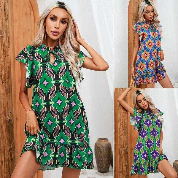 

summer womens clothing printed dress short skirt ruffled loose, Black;gray