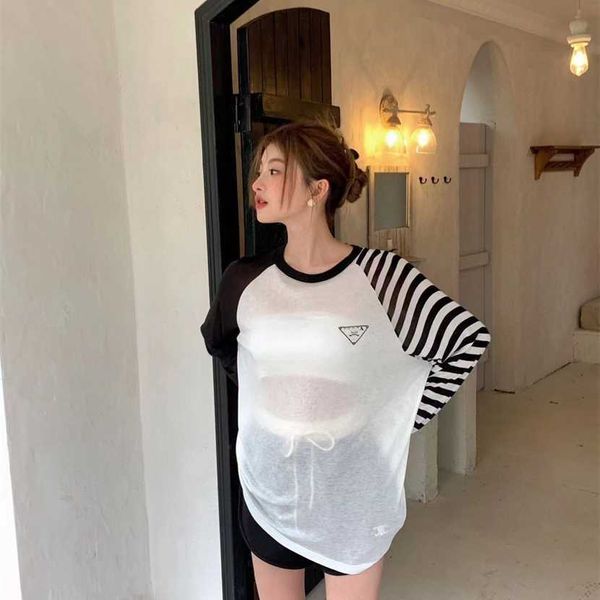

26% off clothing designer quality family spring/summer new tiansi mao knitted triangle label contrast stripe loose thin long sleeve top, White