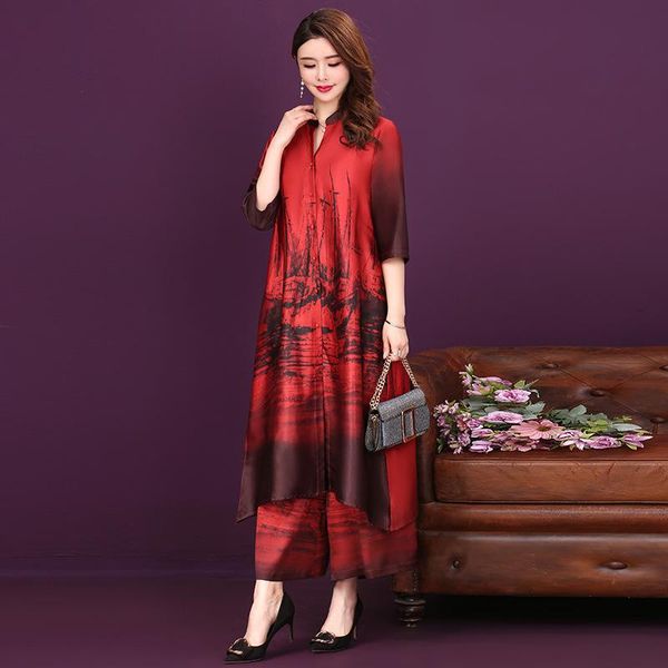 

dress qpfjqd chinese style large size stand collar three quarter sleeve xlong dress+ casual anklelength pants two piece suits, White
