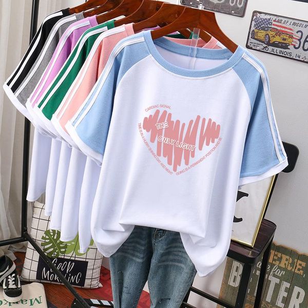 

t-shirt 100% cotton plus size t shirt l4xl tshirt short sleeve women's summer heart print patchwork oversized t shirts, Black