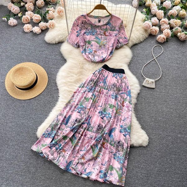 

dress summer 2pcs women casual party sets floral print oneck tshirt pleated skirt beach holiday 2 piece sets outfit women 2022, White
