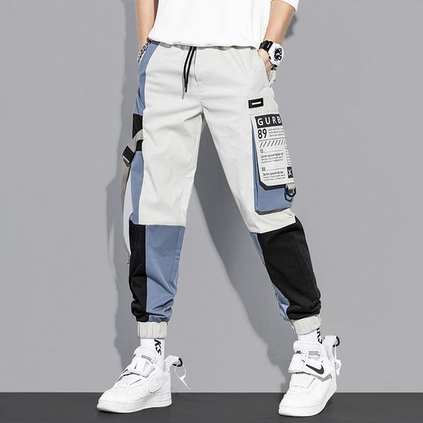 

pants streetwear men cargo pants harajuku fashion hip hop jogging sweatpant korean checked sports patchwork running mens clothes, Black