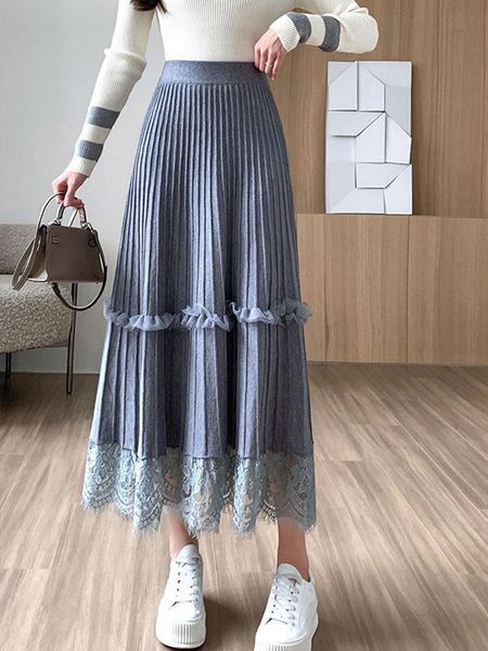 

dresses surmiitro knit long maxi pleated skirt women 2022 winter korean fashion lace patchwork elegant high waist a line skirt female, White;black