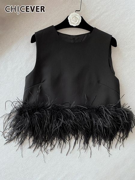 

tanks chicever patchwork feathers hem tank for women round neck sleeveless solid minimalist vests female fashion clothing style, Black;white