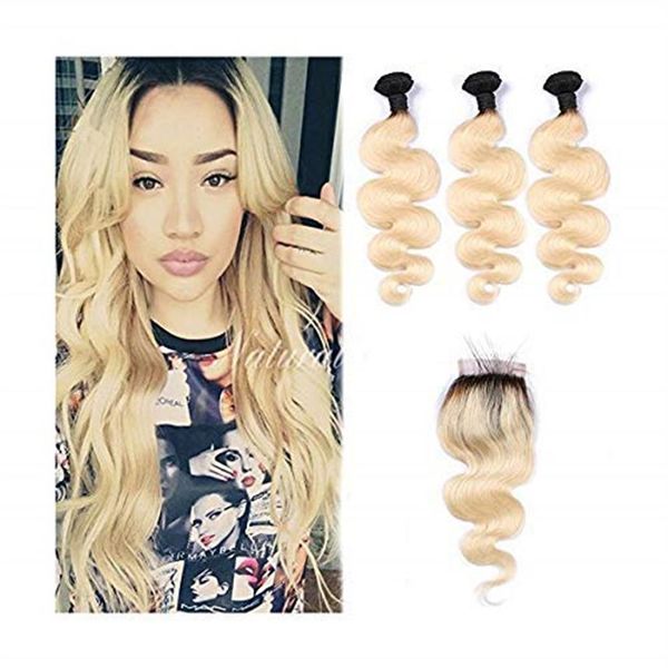 

brazilian straight body wave human hair weaves 3 bundles ombre 1b 613 blonde human hair bundles with closure honey platinum virgin282q, Black;brown