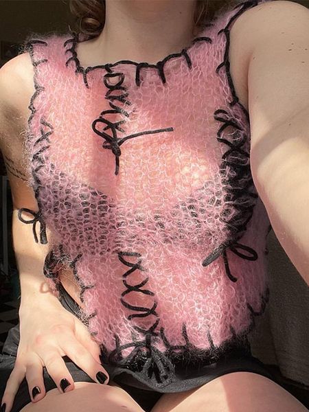 

tanks kawaii hollow knitted crop femme bandage irregular y2k streetwear tank 90s sleeveless lace up vintage camis summer 2022, Black;white