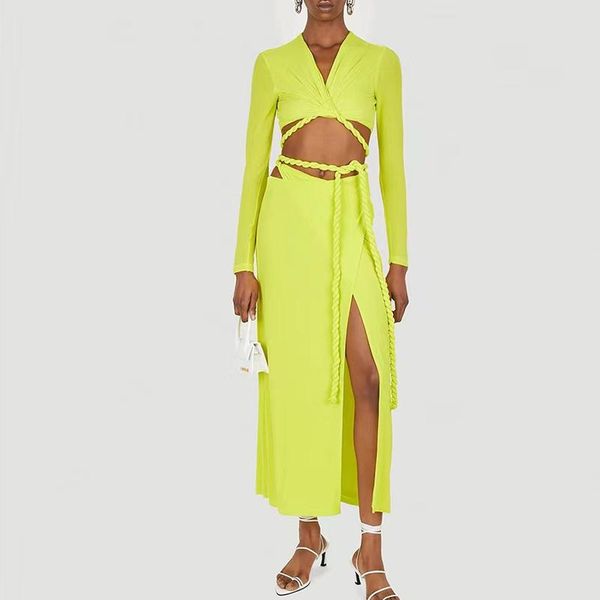 

dress two piece set women bandage crop +lace up split high waist maxi skirt, White