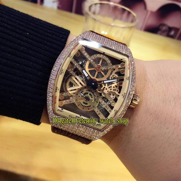 

eternity high-quality v 45 s6 sqt nr br nr gold skeleton dial rose gold diamond case automatic mens watch leather-strap iced out249f, Slivery;brown