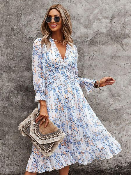 

dresses ladies vintage print chiffon dress women spring autumn casual ruffles high waist bohemian beach women dress female vestidos, Black;gray