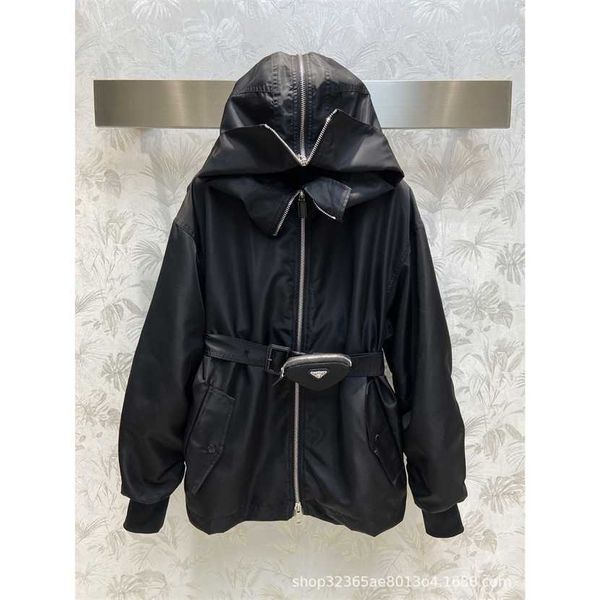 

26% off clothing designer quality family early spring new regenerated nylon triangle bag belt jacket for young girls handsome work style, Black