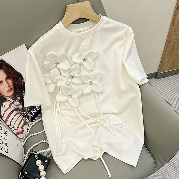 

women's t-shirt exquisite tassel 3d flowers short-sleeved tshirt women summer loose slimming casual o-neck solid t-shirt 230421, White