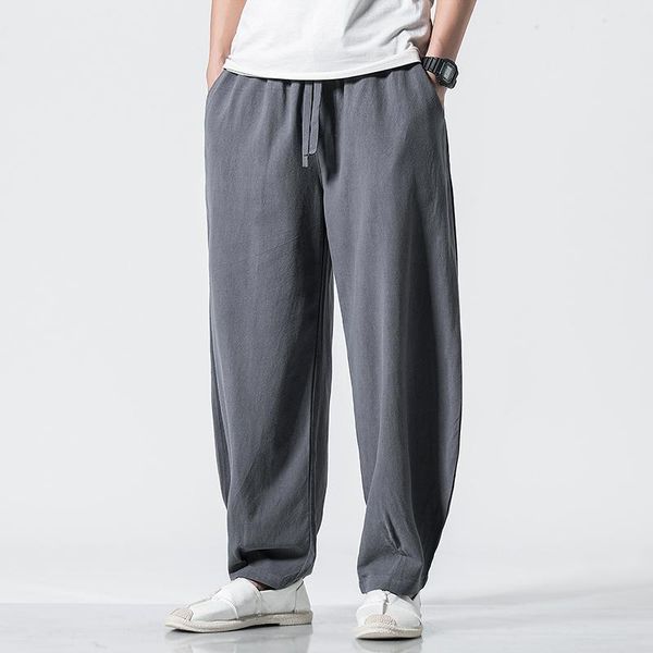 

pants 2022 summer men cotton linen pants casual loose long pants wide leg trousers male chinese style baggy pants big size m6xl 7xl, Black