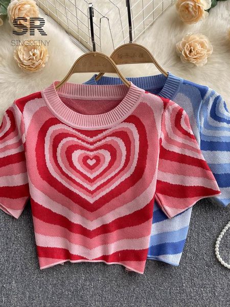 

t-shirt singreiny women short sleeves knitted summer o neck elastic waist short t shirt korean style y2k heart print knit blouse, White