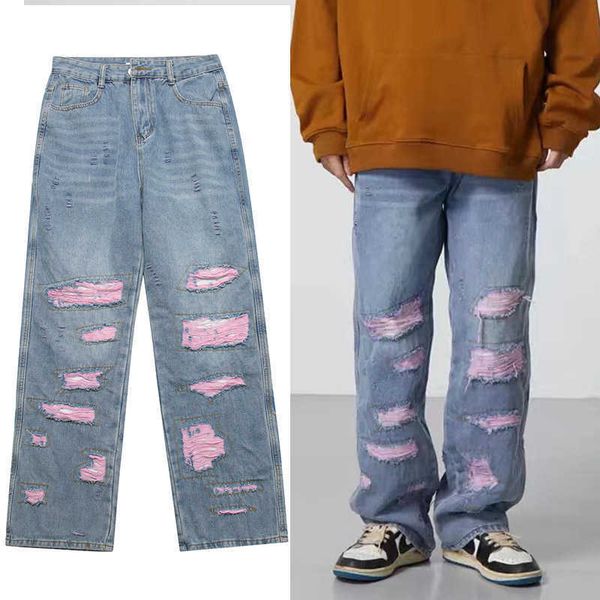 

men's pants harajuku retro blue pink tattered loose jeans mens y2k streetwear go punk oversized casual beggar pants womens wide leg ber, Black