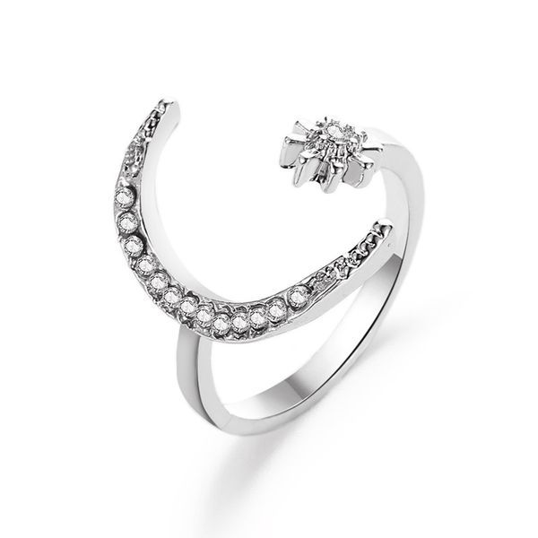 

moon ring european and american fashion star and moon ring ethnic wind stars moon index finger open ring, Silver