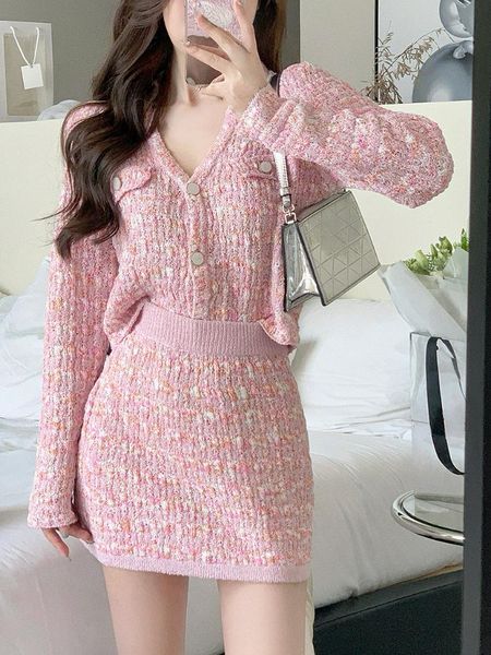 

dress 2 piece dress set sweet cardigan sweater + slim skirt pink elegant y2k mini dress office lady casual knitted suits 2022 autumn, White