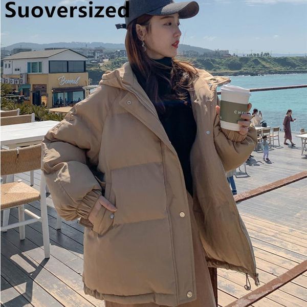 

leather winter hooded thick down cotton parkas for women new warm loose oversized 85kg outwear korean casual baggy streetwear jackets, Black