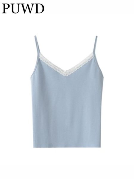 

t-shirt puwd women blue retro lace slim backless camisole 2022 summer fashion ladies high street girls knitted solid color top, White