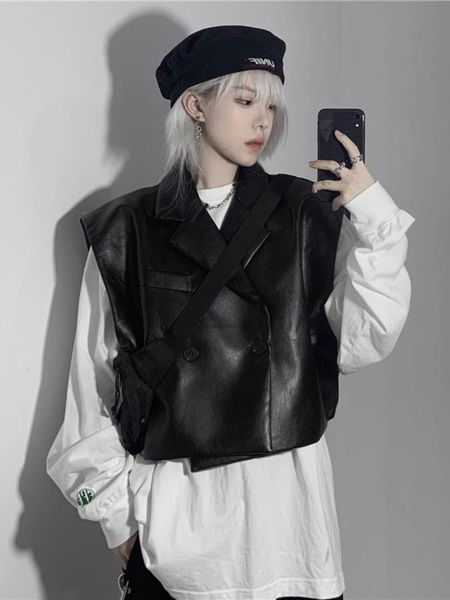 

vests 2022 new leather vest spring autumn motorcycle punk vest harajuku trend highend casual sleeveless short leather jacket, Black;white