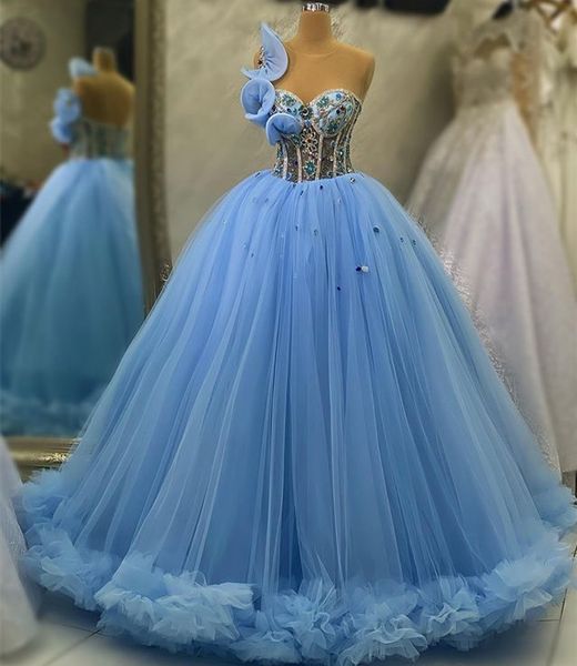 

2023 april aso ebi beaded crystals quinceanera dresses sky blue sheer neck ball gown tulle prom evening party pageant birthday gowns dress z, Blue;red