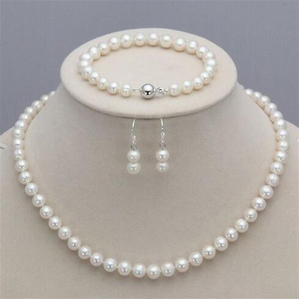 

new 7-8mm natural freshwater pearl necklace bracelet earrings set307m, Silver