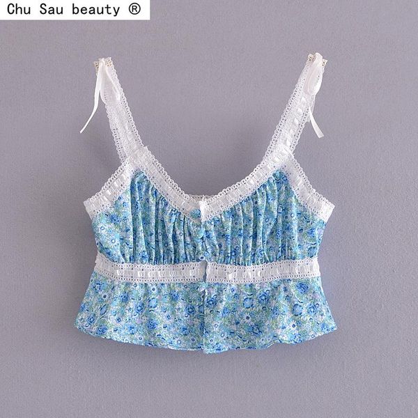

t-shirt 2021 summer new floral print lace folds singlebreasted spaghetti strap pajamas suit crop women camisole chic, White