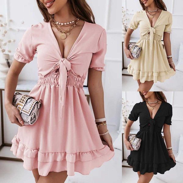

summer ruffled lace up casual dresses stitching short sleeve solid color dress, Black;gray