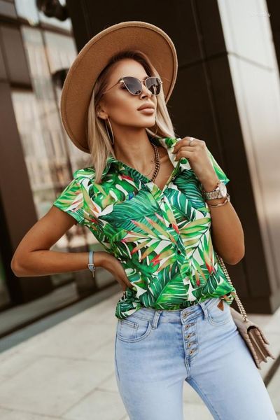 

women's blouses 2023 women summer fashion floral print short-sleeve blouse shirt female, White