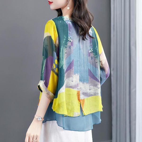 

dress vintage printed spliced 3/4 sleeve loose chiffon blouse summer casual oneck oversized elegant women clothing commute shirt, White