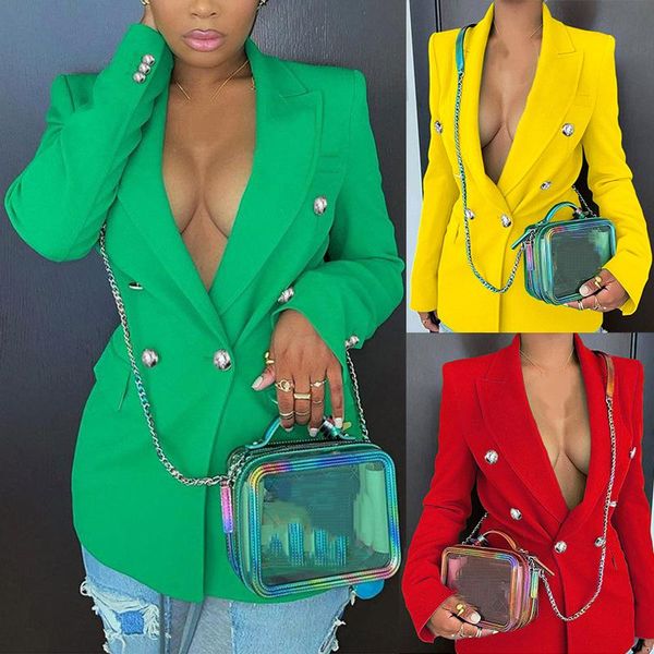 

pants women's fitted double breasted solid color fashion long sleeve blazer, White