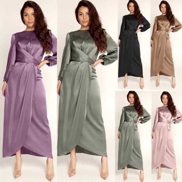 

summer dress fashion lace up satin solid color waist long sleeve womens, Black;gray