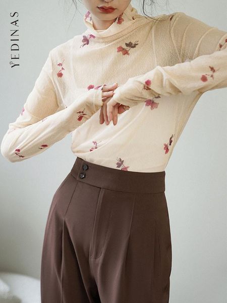 

t-shirt yedinas streetwear print rose flower mesh t shirt women 2022 autumn spring korean turtleneck see through tees y2k vintage, White