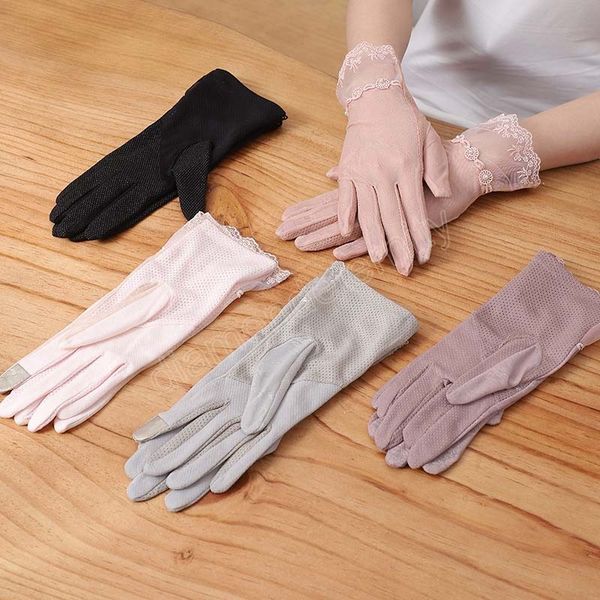 

fashion women gloves summer ladies anti-uv sunscreen ice silk thin touch screen gloves lace patchwork breathable driving gloves, Blue;gray