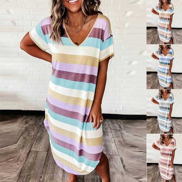 

summer womens loose striped printed casual dresses short sleeve long dress, Black;gray
