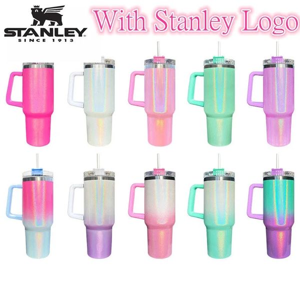 

with logo 40oz stanley mugs with handle insulated gradient glittertumblers lid straw stainless steel coffee termos cup new