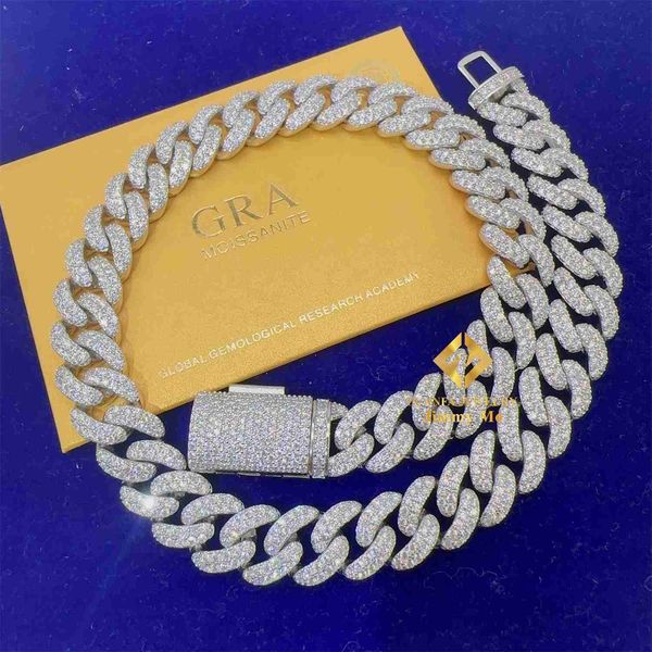 

12mm two row 925 sterling silver white gold fire jewelry pass diamond tester iced out hip hop vvs1 moissanite cuban link chain