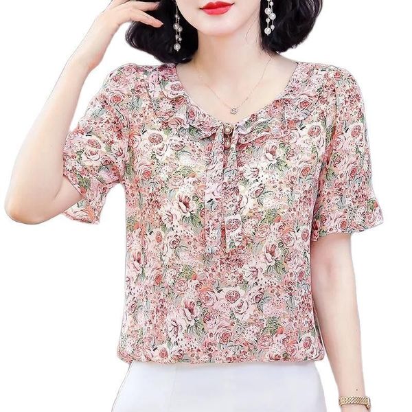 

women's blouses shirts women spring summer style chiffon blouses shirts lady casual short flare sleeve bow tie collar chiffon blusas d, White