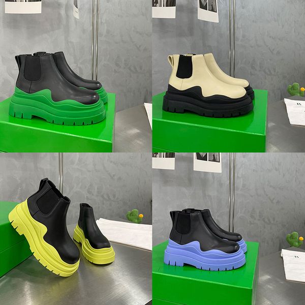 

2023 men designer boots tire leather women half ankle boots mens fashion wave brown clear colored rubber outsole elastic webbing outdoor boo, Black