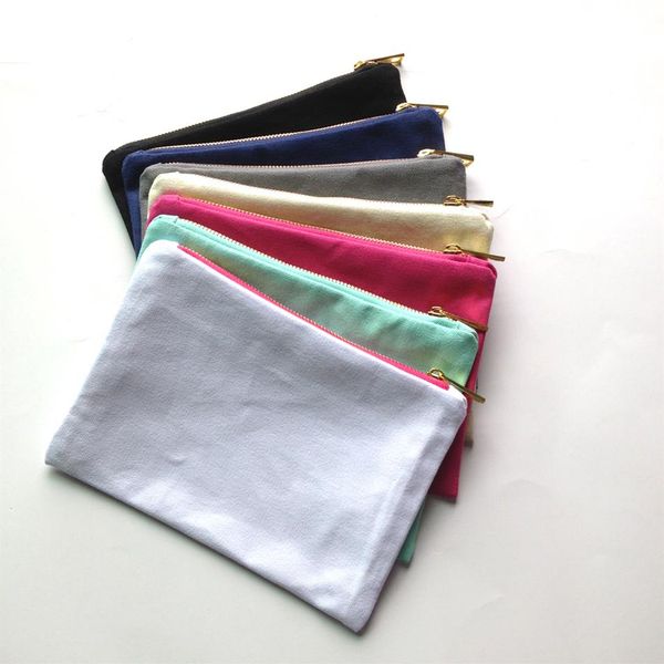 

35pcs lot solid color canvas makeup bag with gold zip gold lining 6 9in cosmetic bag for diy print black white grey pink navy mint281s