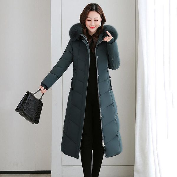 

leather women autumn winter thicken warm long parka female solid color big pocket loose hooded with fur long coat jackets outwear, Black