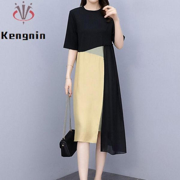 

dresses 2022 summer women's chiffon dresses plus size 5xl loose patchwork black tshirt dress lady vestido female robe clothes ke2826, Black;gray